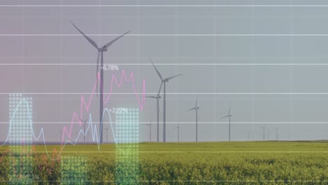 Animation-Der-Statistischen-Datenverarbeitung-über-Einer-Sich-Drehenden-Windmühle-Auf-Grasland-Vor-Grauem-Himmel