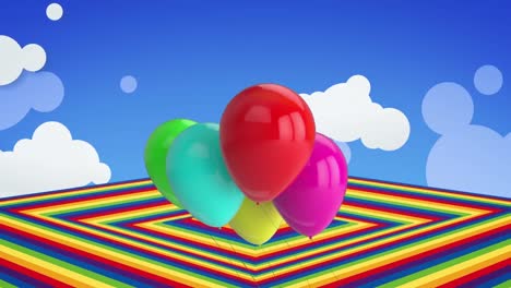 Animation-Von-Luftballons-über-Regenbogenmuster-Auf-Blauem-Hintergrund
