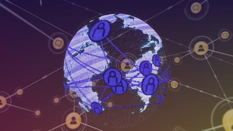 Animation-of-network-of-digital-icons-over-spinning-globe-against-purple-gradient-background