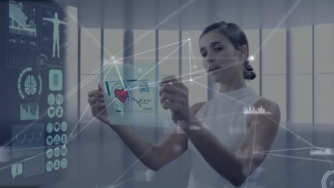 Animation-of-anatomy-interface,-connected-dots,-caucasian-woman-using-futuristic-technology