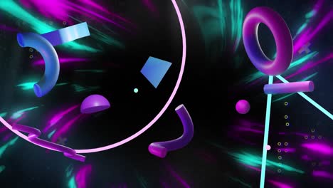 Animation-of-abstract-3d-shapes-over-circle,-triangle-and-dark-waving-background
