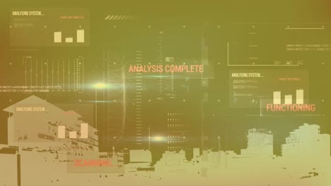 Animation-of-texts,-graphs,-loading-bars,-moving-lines,-modern-buildings-against-black-background