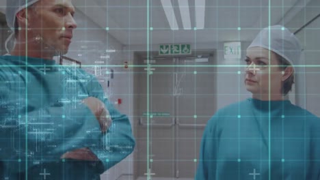 Animation-of-map-and-grid-pattern-over-diverse-surgeons-discussing-in-corridor-of-hospital