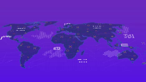 Animation-Der-Datenverarbeitung-über-Der-Weltkarte-Vor-Violettem-Hintergrund-Mit-Farbverlauf