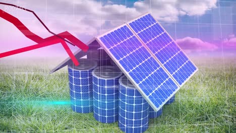 Animation-of-red-lines,-financial-data-processing-over-solar-panels
