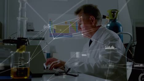 Animation-of-connected-dots,-graph-icons,-caucasian-scientist-working-on-laptop-in-laboratory