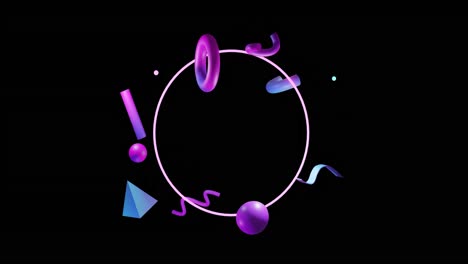 Animation-of-abstract-3d-shapes-over-circle-and-black-background