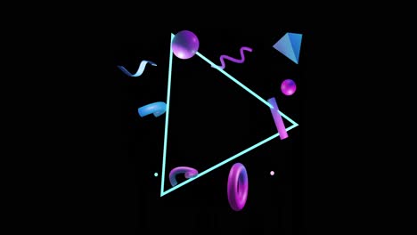 Animation-of-abstract-3d-shapes-over-rotating-triangle-and-black-background
