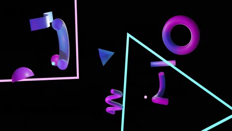Animation-of-abstract-3d-shapes-over-square,-triangle-and-black-background