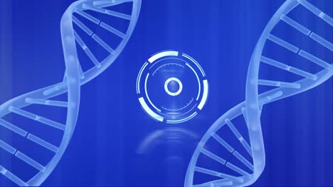 Animation-of-round-scanner-and-spinning-dna-structures-against-blue-background