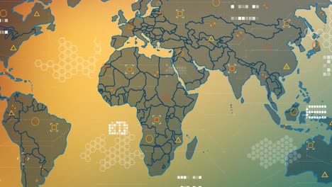 Animación-Del-Mapa-Mundial-Y-Procesamiento-De-Datos-Sobre-Fondo-Degradado-Amarillo
