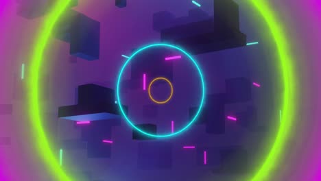 Animation-of-3d-cubes-with-coloured-circles-and-purple-background