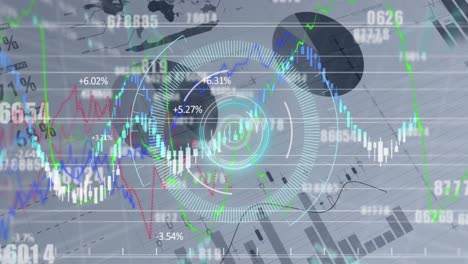 Animation-of-changing-numbers-over-round-scanner,-financial-and-stock-market-data-processing