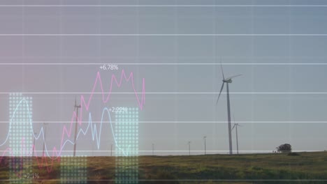 Animation-Der-Statistischen-Datenverarbeitung-über-Sich-Drehenden-Windmühlen-Auf-Grasland-Vor-Grauem-Himmel