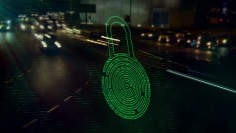 Animation-of-fingerprint-in-padlock-over-time-lapse-of-moving-vehicles-on-street-in-city