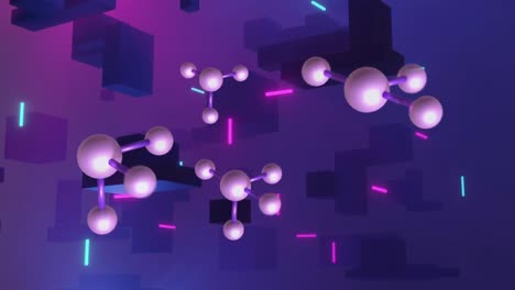 Animation-of-pink-molecules-moving-over-purple-background