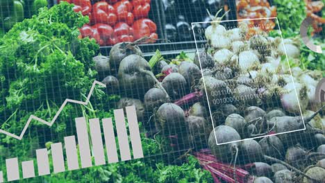 Animation-Von-Statistiken-Und-Datenverarbeitung-über-Gemüse-In-Körben-Im-Lebensmittelgeschäft