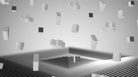 Animation-of-3d-cubes-and-crosses-over-moving-grey-square-surface-with-grey-background