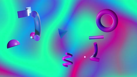 Animation-of-abstract-3d-shapes-over-waving-coloured-background
