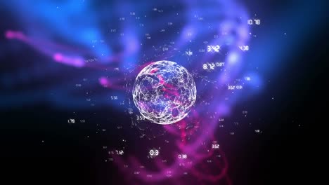 Animation-of-globe-of-network-of-connections-over-glowing-digital-waves-against-black-background