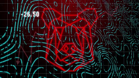 Animation-of-data-processing-and-topography-over-dog-face-icon-against-red-background