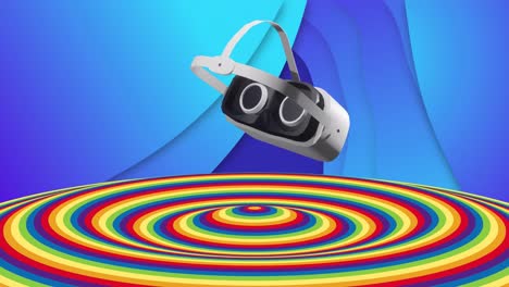 Animation-of-vr-headset-and-coloured-circular-surface-over-blue-background