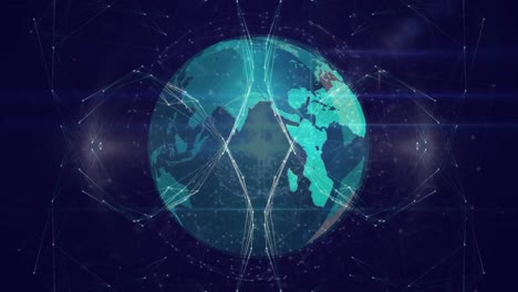 Animation-Eines-Netzwerks-Von-Verbindungen-über-Einem-Sich-Drehenden-Globus-Und-Lichtpunkten-Auf-Blauem-Hintergrund