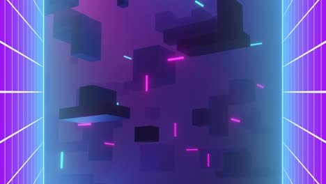 Animation-of-video-game-screen-with-light-trails-over-purple-background