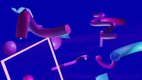 Animation-of-abstract-3d-shapes-and-crosses-over-blue-and-pink-background