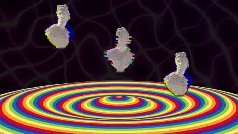 Animation-Von-Statuen-über-Einer-Sich-Bewegenden-Farbigen-Kreisförmigen-Oberfläche-Mit-Dunklem-Hintergrund