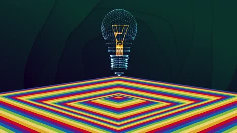 Animation-of-bulb-over-moving-coloured-square-surface-with-dark-background