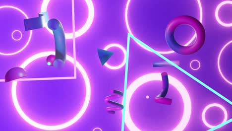 Animation-of-abstract-3d-shapes-and-circles-over-purple-background