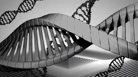 Animation-Von-DNA-Strängen,-Die-Sich-über-Grauem-Hintergrund-Drehen