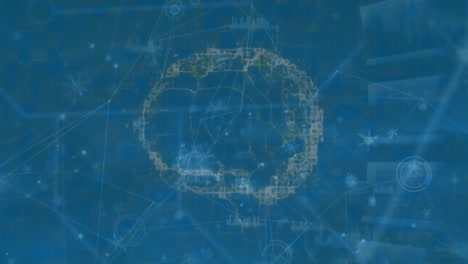 Animation-Eines-Netzwerks-Von-Verbindungen-über-Einem-Sich-Drehenden-Menschlichen-Gehirnsymbol-Vor-Blauem-Hintergrund