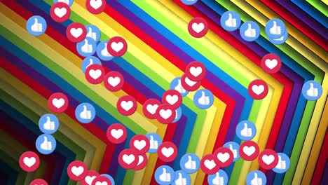 Animation-of-social-media-thumbs-up-and-heart-emoji-icons-over-rainbow-shape