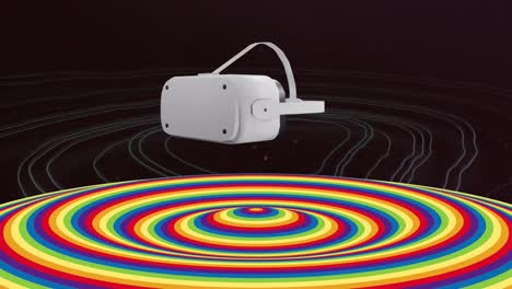 Animation-of-vr-headset-and-coloured-circular-surface-over-black-background