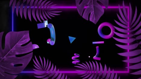 Animation-Abstrakter-3D-Formen-Und-Blätter-Auf-Schwarzem-Hintergrund