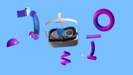 Animation-of-vr-headset-and-abstract-3d-shapes-over-blue-background
