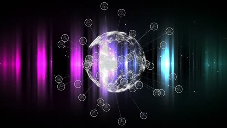 Animation-Eines-Globus-Mit-Profilsymbolen,-Der-Sich-über-Grüne-Und-Violette-Lichtspuren-Auf-Schwarzem-Hintergrund-Dreht