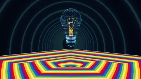 Animation-of-bulb-over-moving-coloured-hexagonal-surface-with-dark-background