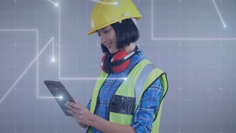 Animation-of-data-processing-over-asian-engineer-woman-using-tablet