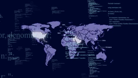 Animation-Der-Datenverarbeitung-über-Der-Weltkarte-Auf-Dunklem-Hintergrund