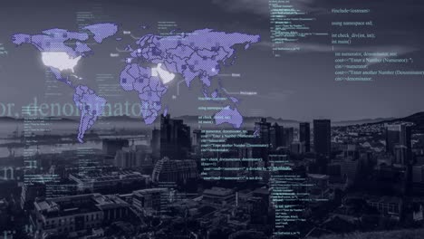 Animation-of-data-processing-and-world-map-over-cityscape