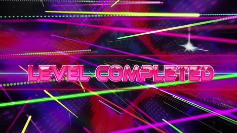 Animation-of-level-completed-text-over-neon-lines-on-dark-background