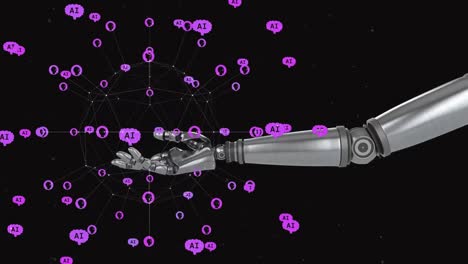 Animation-of-ai-data-processing-over-robot's-arm-and-dark-background