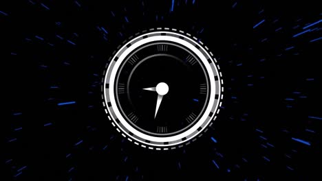 Animation-of-data-processing-and-clock-ticking-over-dark-background