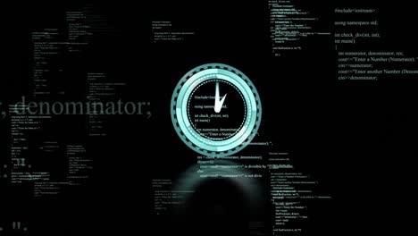 Animation-of-data-processing-and-clock-ticking-over-dark-background