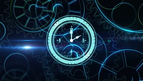 Animation-of-neon-ticking-clock-and-blue-light-spot-over-spinning-gear-icons-on-black-background