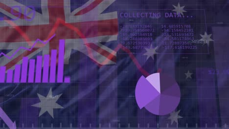Animation-of-statistics-and-data-processing-over-waving-flag-of-australia