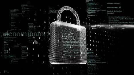 Animation-of-ai-data-processing-over-padlock-and-dark-background